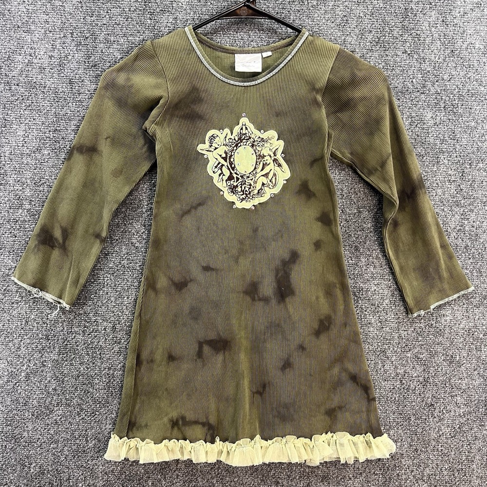 Vtg Ooh! La La Couture Long Sleeve Girls Dress Sz 6 Green Cotton Lace Hem Angels